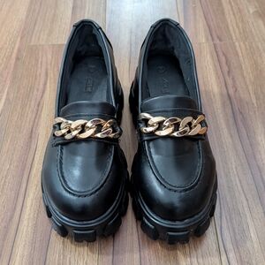 Black Women's Chunky Loafer with Gold Chain Accent